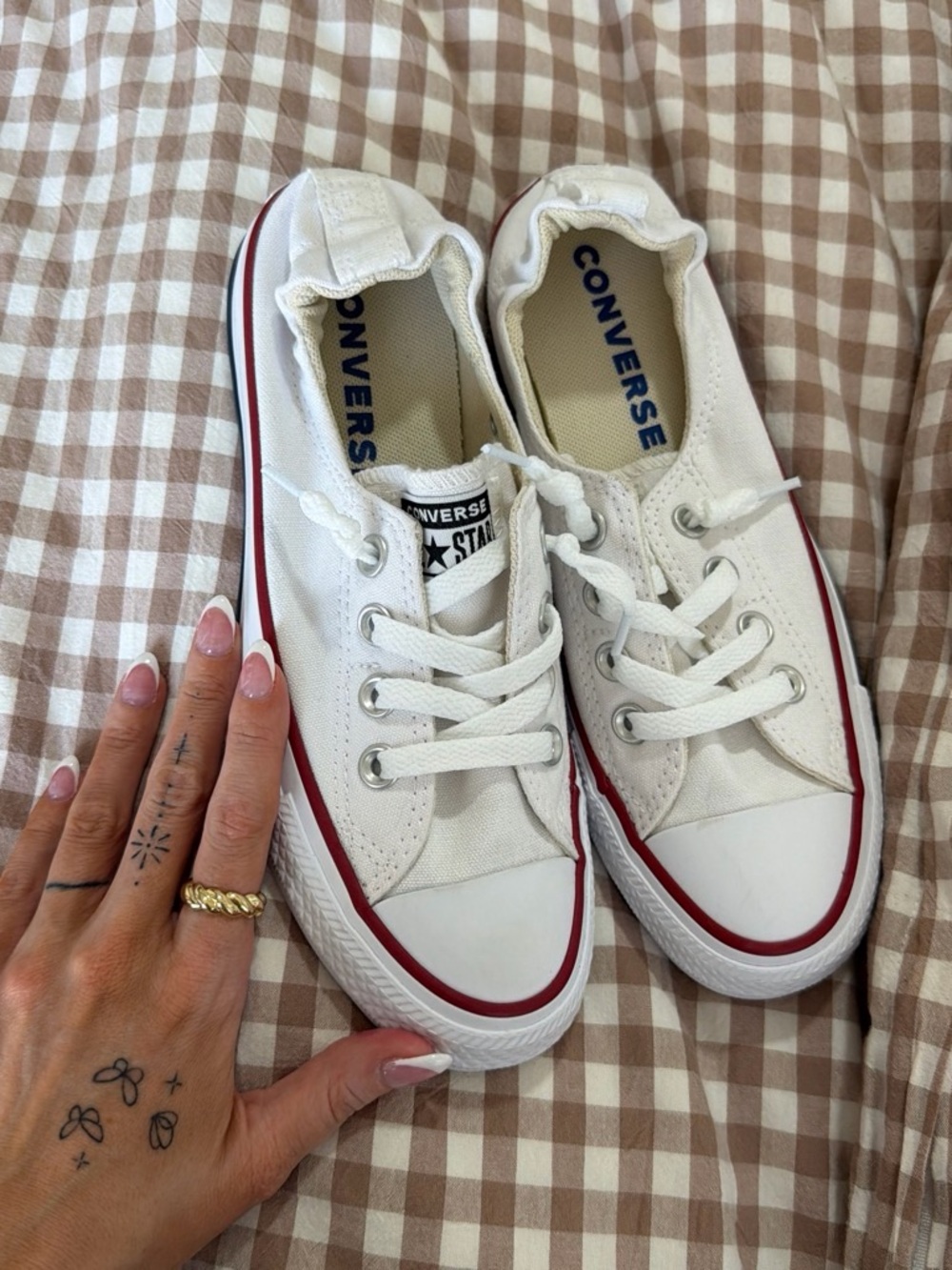 Converse White Low Top Canvas Sneakers with Red Accent